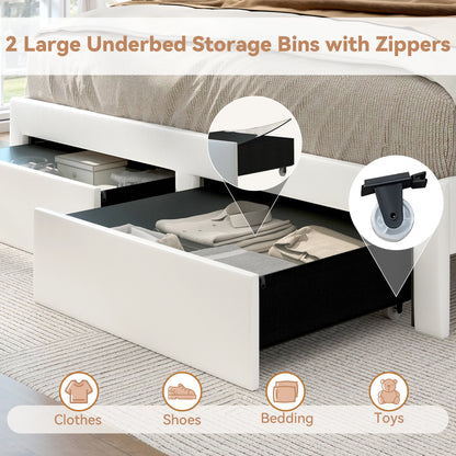 LED Bed Frame with Storage Drawers, Star Projector, Charging Station & Speaker, PU Leather/Velvet Platform, Noise-Free