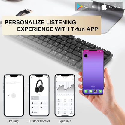 APP T-fun NC45 Bluetooth Active Noise Cancelling Headphones, Comfortable Wireless Over Ear Headphones with Mic, Hi-Res Audio,