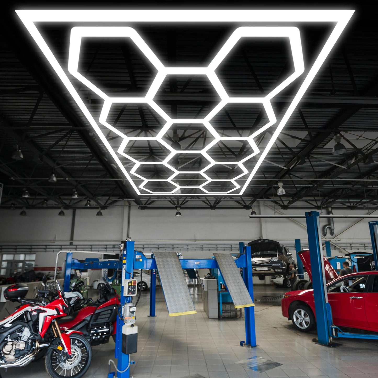 Hexagon Led Garage Lights with Frame 14 Hex Grid 720W 108000 LM Super Bright Led Garage Ceiling Lights 6500K Hex Led Lights