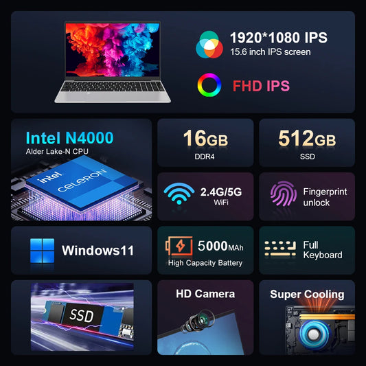Intel Notebook PC Gamer 15.6" Ultra Slim Laptop Intel Celeron N4000 16GB RAM 1TB 2TB SSD Office Study Computer PC Windows 11 Pro