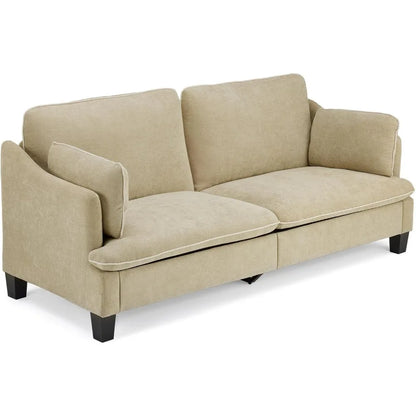 84" Modern Sofa Couch, Linen Velvet 2-Seater Loveseat with Piped Cushions, Removable Cover & 2 Throw Pillows, Upholstered Couche
