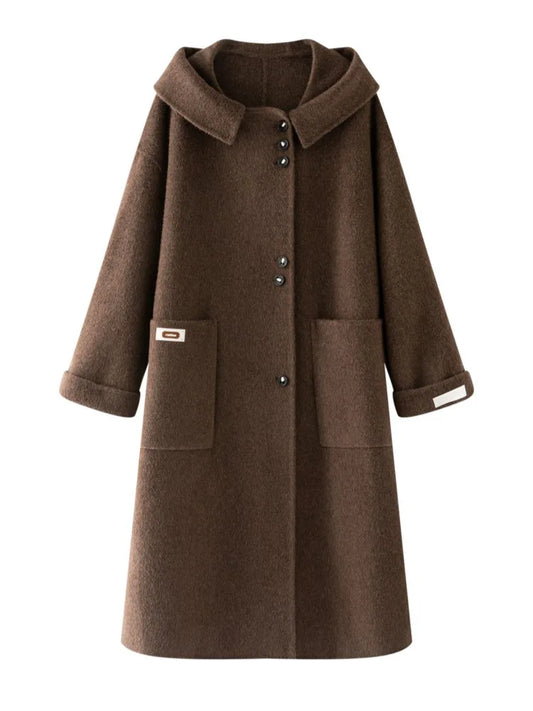 Loose hand-sewn design felted double-sided wool coat with a hood