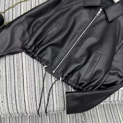 New black leather jacket for women in Spring 25 featuring zipper embroidery loose versatile sheepskin lapel genuine leather top