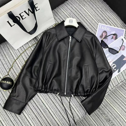 New black leather jacket for women in Spring 25 featuring zipper embroidery loose versatile sheepskin lapel genuine leather top