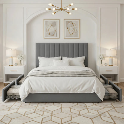 HOOMIC Full/Queen/King Velvet Storage Bed Frame with Adjustable Vertical Channel Headboard,4 Large Drawers, No Box Spring Needed
