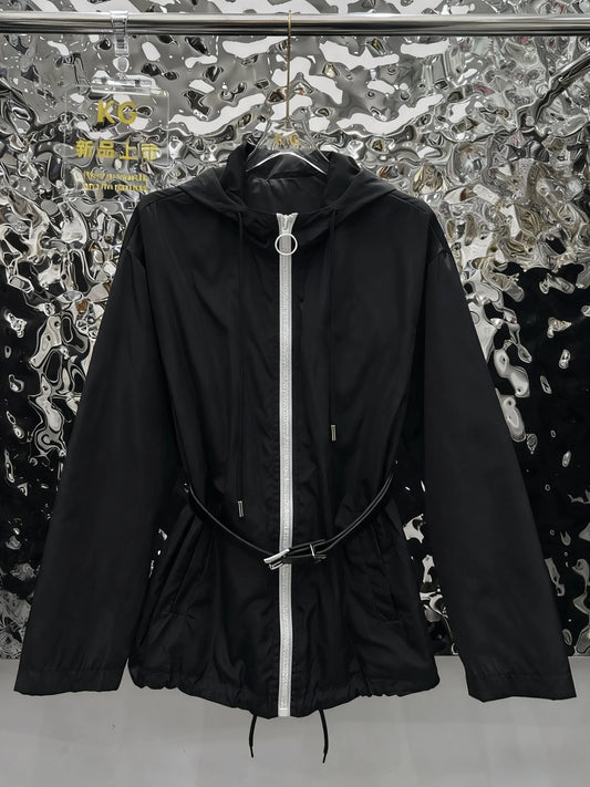 2025 Autumn New Style Zipper Belt Casual Long-Sleeved Mid-Length Coat Fashionable Versatile Hooded Outdoor Jacket