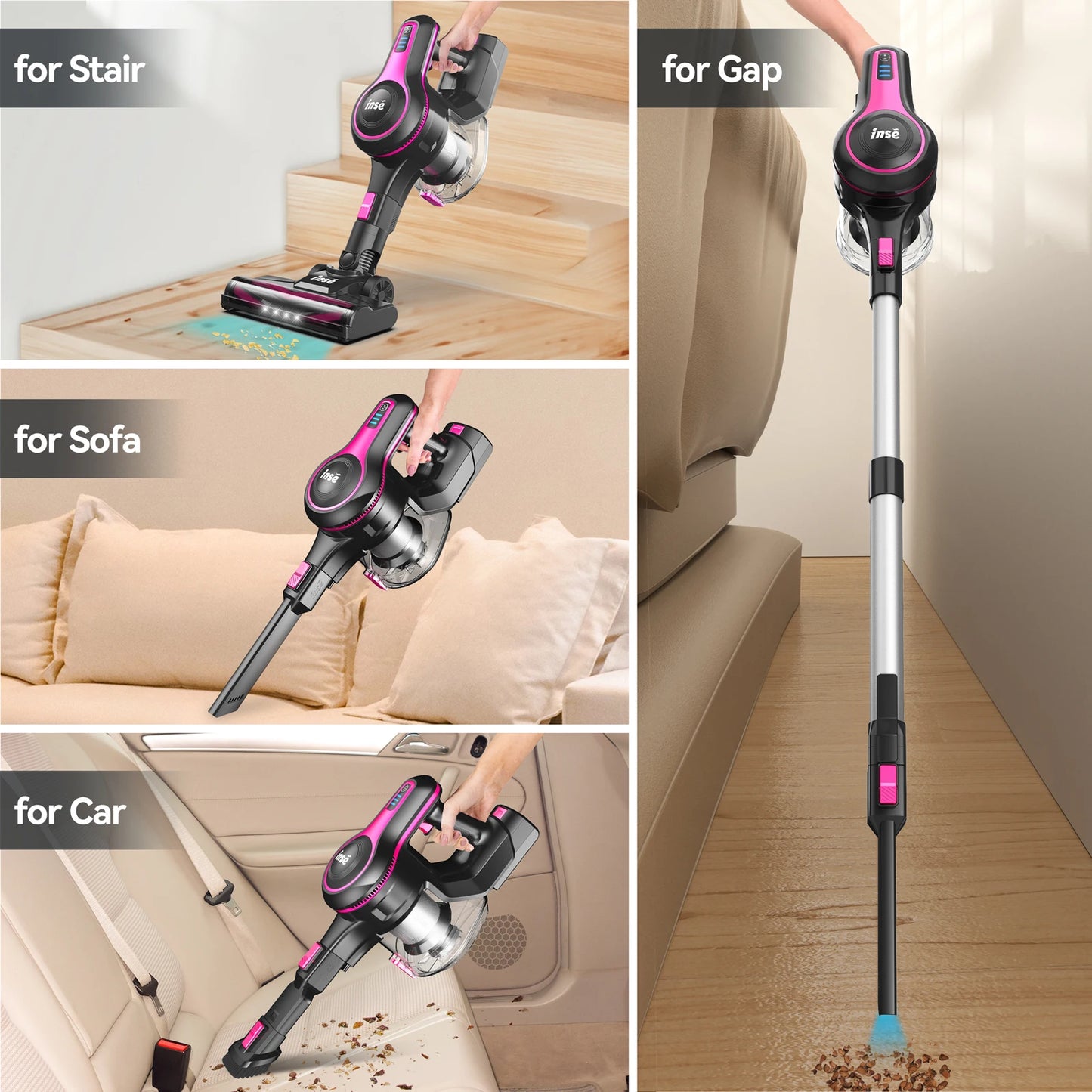 INSE N5T Cordless Vacuum Cleaner, 25Kpa 1.2L Large Dustbin, 6 in 1 Handheld Vacuum for Household Cleaning