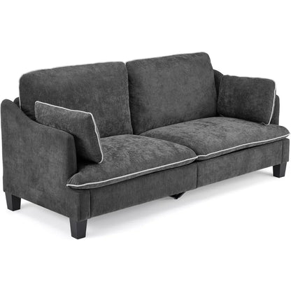 84" Modern Sofa Couch, Linen Velvet 2-Seater Loveseat with Piped Cushions, Removable Cover & 2 Throw Pillows, Upholstered Couche