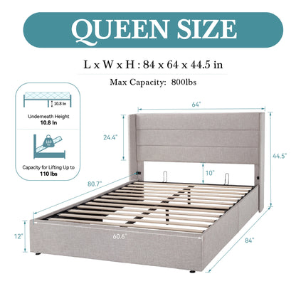 HOOMIC Lift Up Storage Bed with Wingback Headboard/Heavy-Duty Hydraulic Bed/Large Underneath Storage Allewie