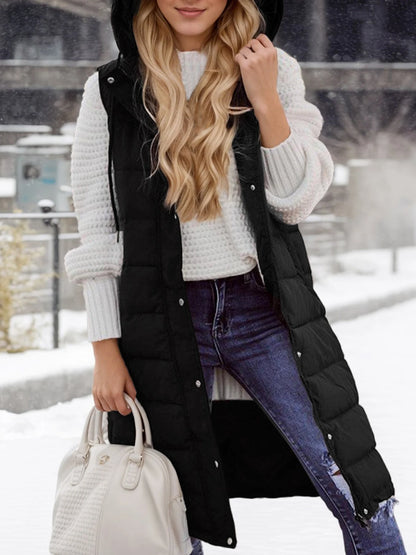 Winter Warmth Puffer Vest - Soft Solid Color Sleeveless Hooded Long Vest for Women - Cozy Outwear for Cold Weather