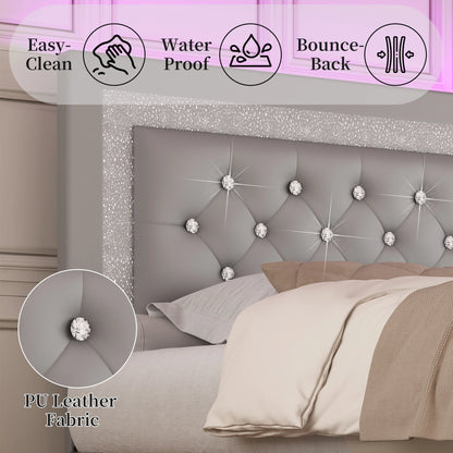 SIBEDS Queen Bed Frame with LED Lights, Adjustable Headboard, Tufted Linen Upholstery, Skirt, Wood Slats, Easy Assembly