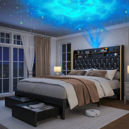 LED Bed Frame with Storage Drawers, Star Projector, Charging Station & Speaker, PU Leather/Velvet Platform, Noise-Free