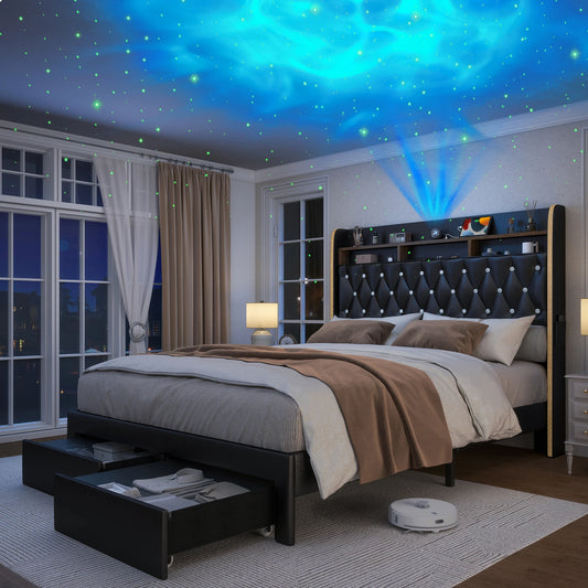 LED Bed Frame with Storage Drawers, Star Projector, Charging Station & Speaker, PU Leather/Velvet Platform, Noise-Free