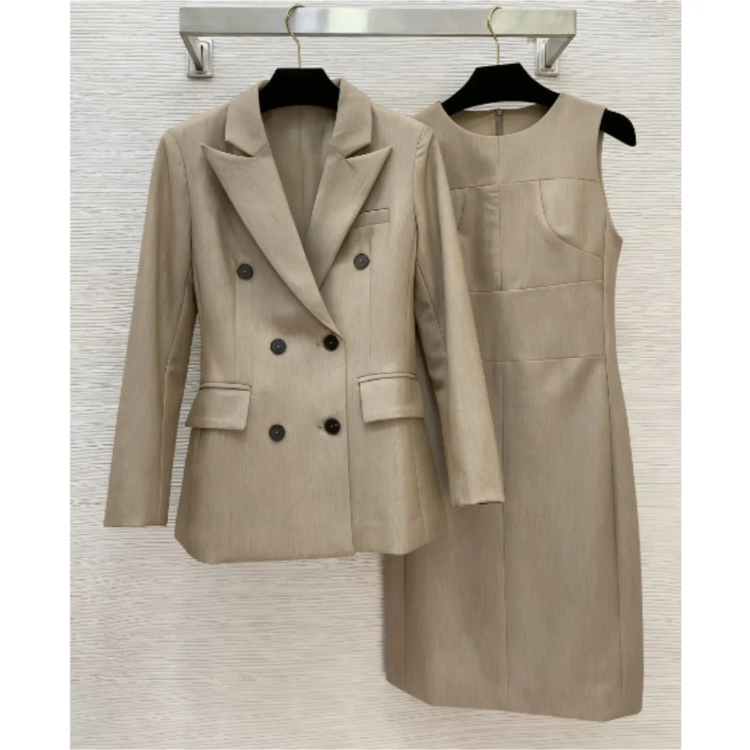 Winter 2025 New Double-breasted Lapel Long-sleeved Suit Jacket Medium Length Sleevelless Vest Dress Fashion Commuting Suit