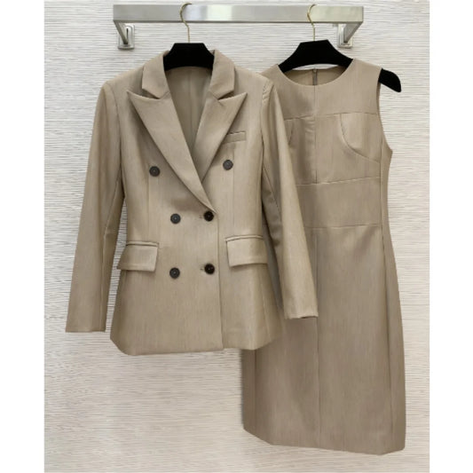 Winter 2025 New Double-breasted Lapel Long-sleeved Suit Jacket Medium Length Sleevelless Vest Dress Fashion Commuting Suit