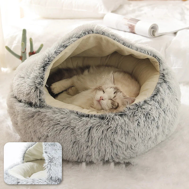 Plush Cat Bed Warm Soft Bed for Cats Small Dogs Round Pet Nest House With Lid Kitten Cave Puppy Kennel Cushion Cat Accessories