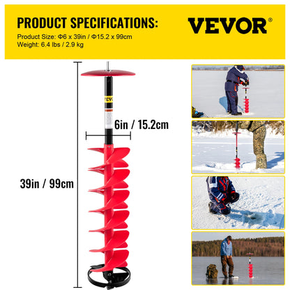 VEVOR Ice Drill Auger 6\" Diameter Nylon Ice Auger 39\" Length Ice Auger Bit Auger Drill with 11.8\" Extension Rod Auger Bit