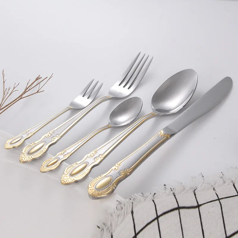 5 sets of 30 pieces court vintage carved Western food stainless steel knife and fork spoon