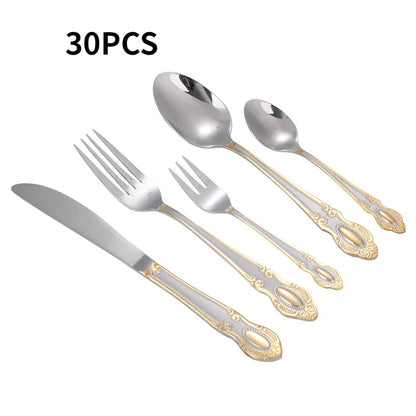 5 sets of 30 pieces court vintage carved Western food stainless steel knife and fork spoon