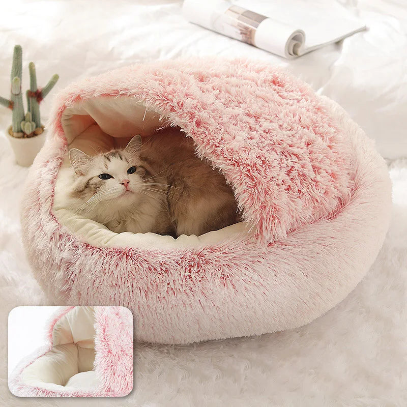 Plush Cat Bed Warm Soft Bed for Cats Small Dogs Round Pet Nest House With Lid Kitten Cave Puppy Kennel Cushion Cat Accessories
