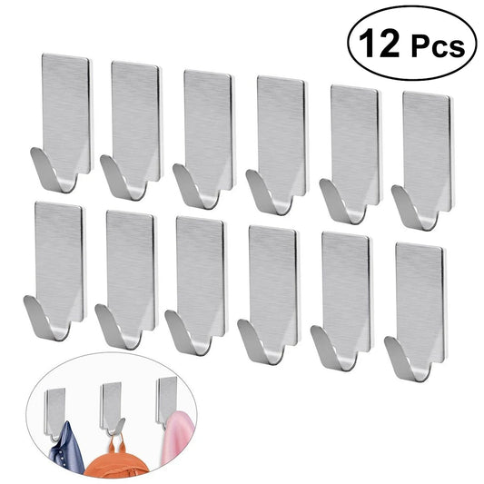 12pcs Strong Self Adhesive Stainless Steel Towel Mop Hooks Hat Hangers For Hanging Kitchen Bedroom Bathroom