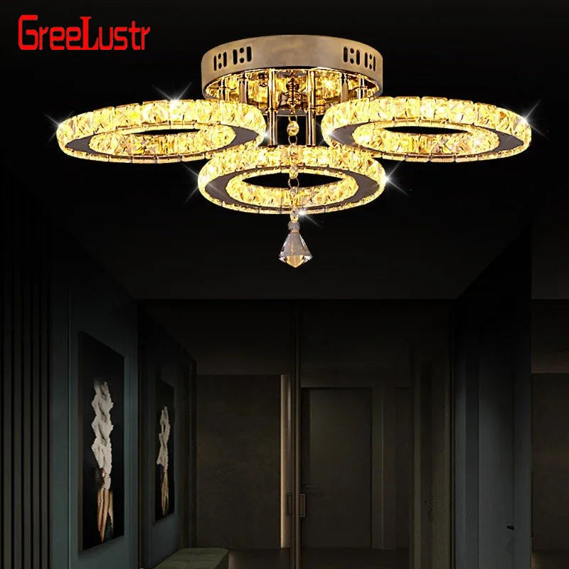 Modern Ceiling Lamp Pendant Light Crystal Led Chandelier Fixture Rings Stainless Steel Plafonnier Kids Bedroom Home Decor Indoor