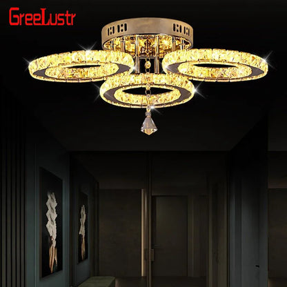 Modern Ceiling Lamp Pendant Light Crystal Led Chandelier Fixture Rings Stainless Steel Plafonnier Kids Bedroom Home Decor Indoor