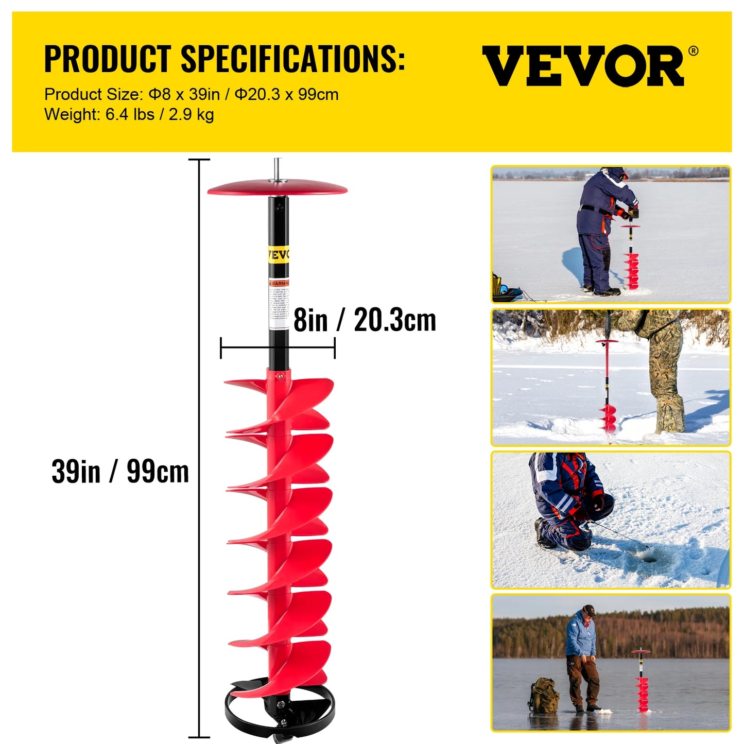 VEVOR Ice Drill Auger 6\" Diameter Nylon Ice Auger 39\" Length Ice Auger Bit Auger Drill with 11.8\" Extension Rod Auger Bit