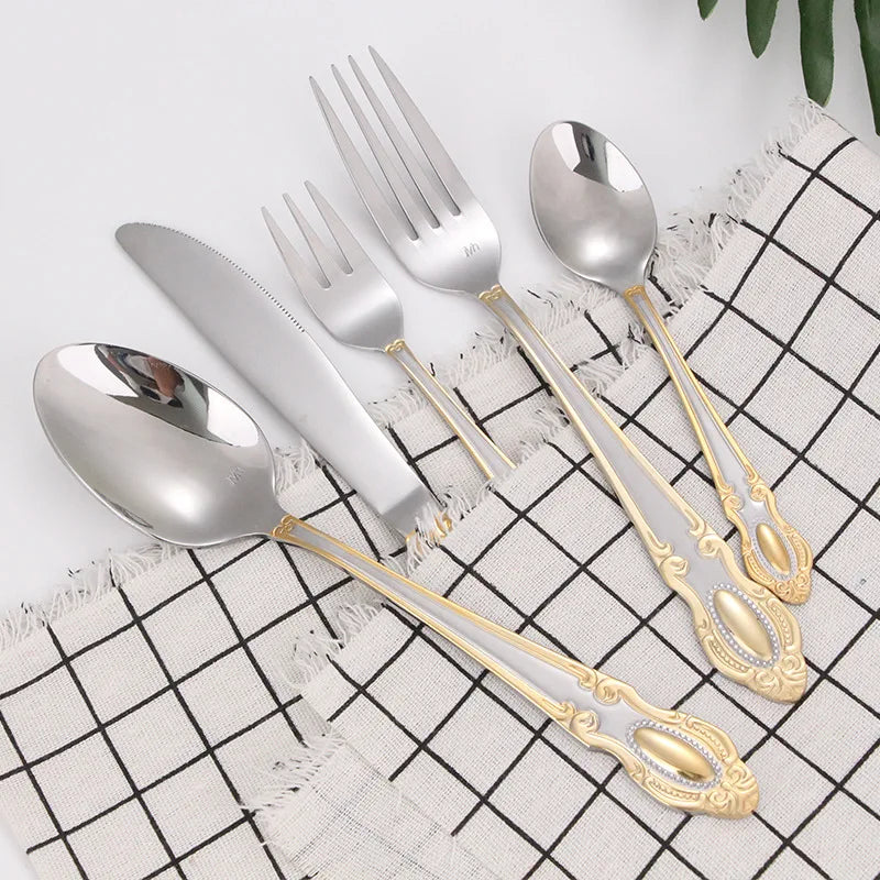5 sets of 30 pieces court vintage carved Western food stainless steel knife and fork spoon