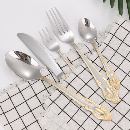 5 sets of 30 pieces court vintage carved Western food stainless steel knife and fork spoon