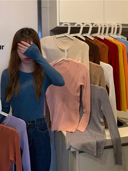 2025 New Women Sweater Autumn Winter Long Sleeve Pullover Basic Top Fashion O-neck Elastic Female Winter Solid Knitted Jumper