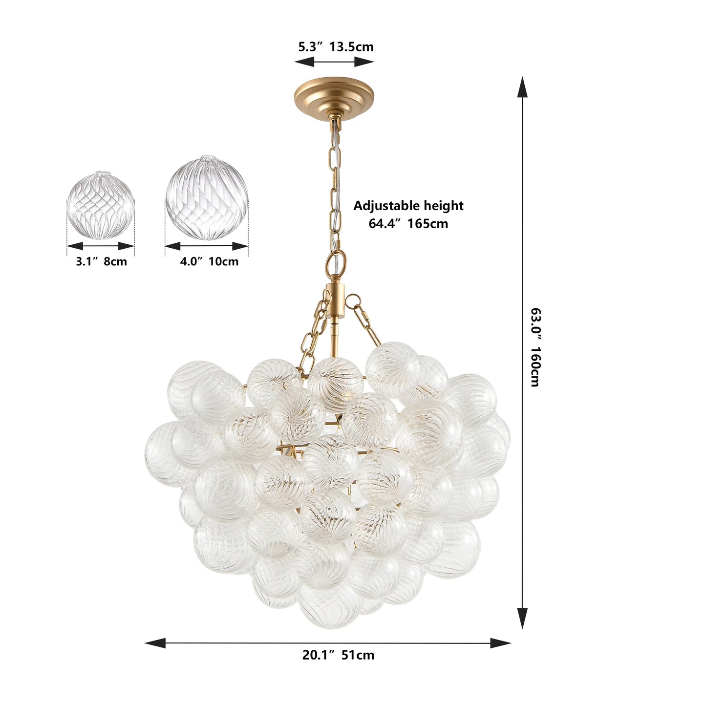 20-Inch Gold Pendant Light Chandelier with Threaded Clear Glass Globe Shade  Adjustable Height (No Bulbs)