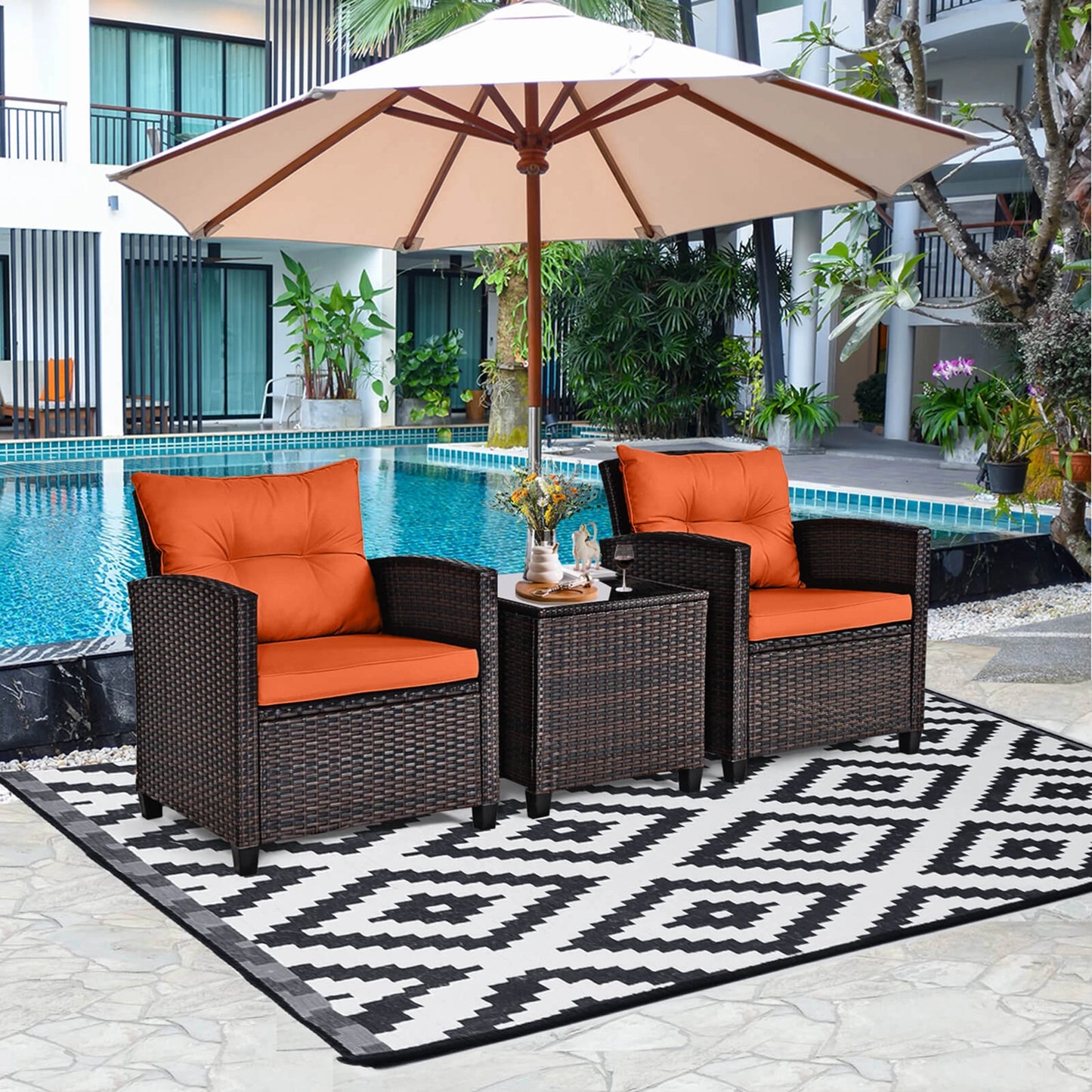 3 PCS Patio Rattan Furniture Set Cushioned Conversation Set Sofa Orange
