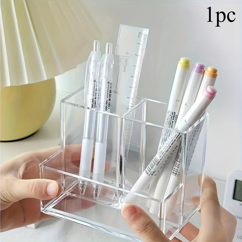 Transparent 3-Compartment Pens Holder Acrylic Desk Organizer Pens Pencils Markers Desktop Storage Box for Office School Supplies