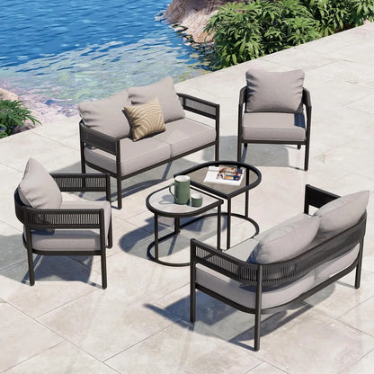 6-Piece Wicker Outdoor Furniture Set with Beige Thick Cushions and Coffee Table, Patio Sofa Conversation Set