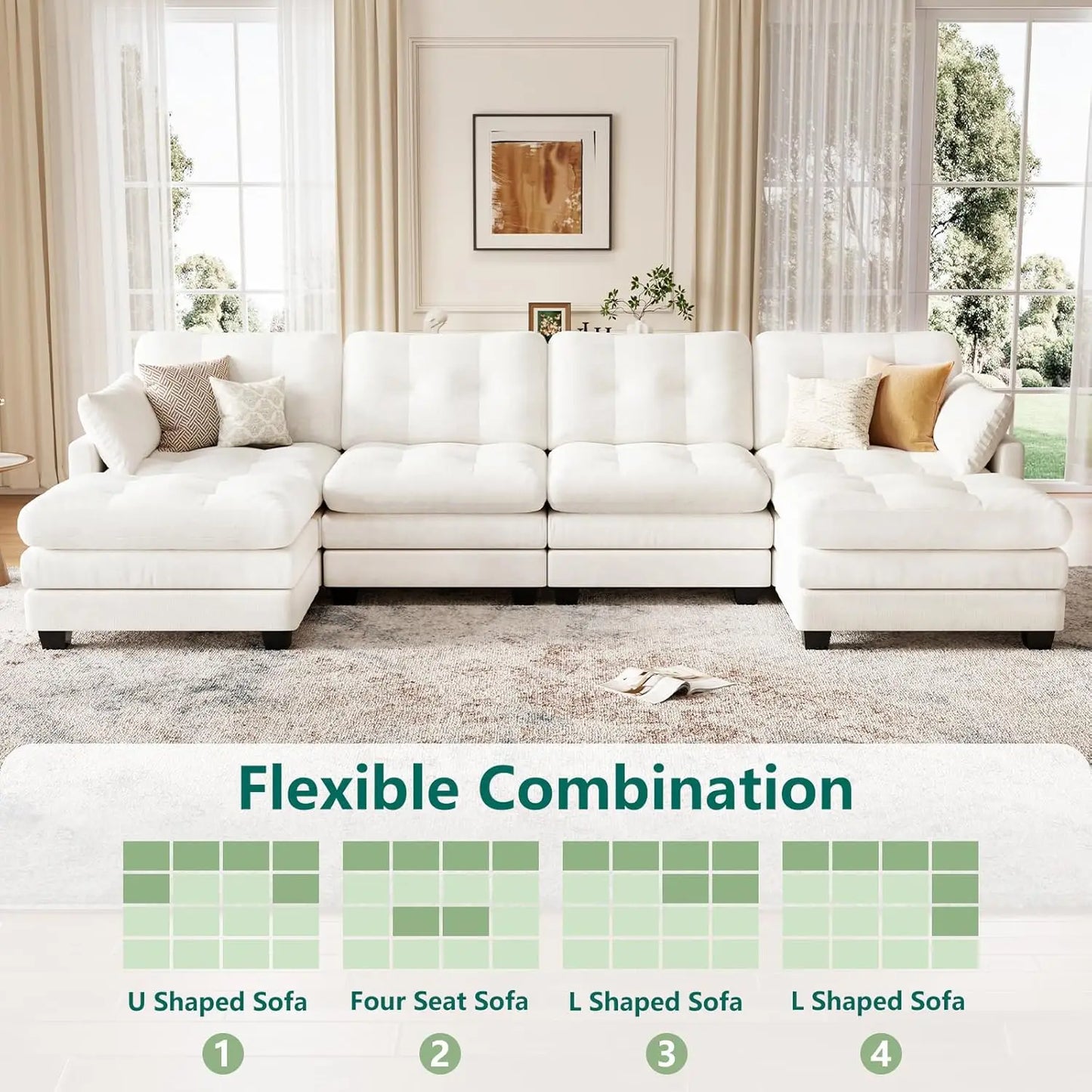 Modular Sectional U Shaped Sofa Couches for Living Room, Cloud Couch with Movable Ottoman, Comfy Chenille Sofa , Customized