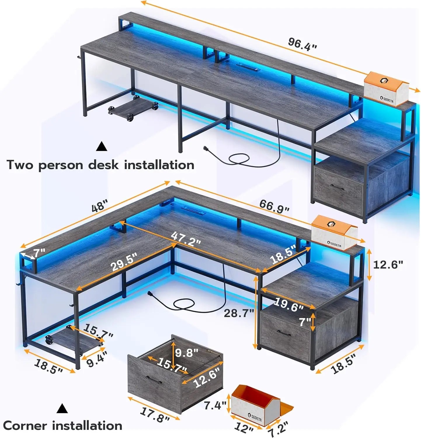L-Shaped Gaming Desk with LED Lights, Power Outlet & Storage, 66" Home Office Corner Desk for Two Persons, Grey