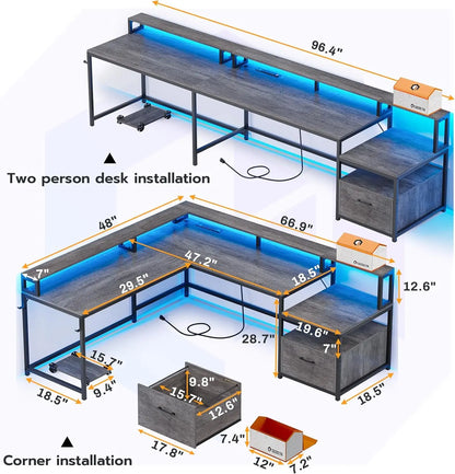 L-Shaped Gaming Desk with LED Lights, Power Outlet & Storage, 66" Home Office Corner Desk for Two Persons, Grey