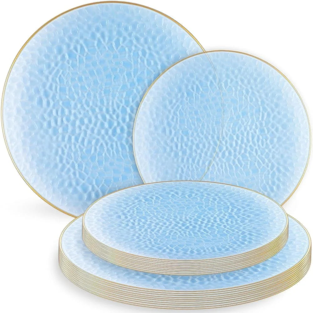 Organic Hammered Dusty Blue Disposable Plates 32 Count 7 Inch 10 Inch Combo Elegant Tableware Party Supplies Eco-Friendly