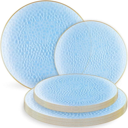 Organic Hammered Dusty Blue Disposable Plates 32 Count 7 Inch 10 Inch Combo Elegant Tableware Party Supplies Eco-Friendly