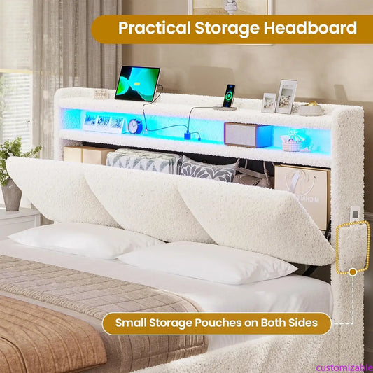 NEW Full Size Bed Frame with Storage Headboard and Charging Station, Boucle Upholstered Bed Frame Full Size with 4 Drawers