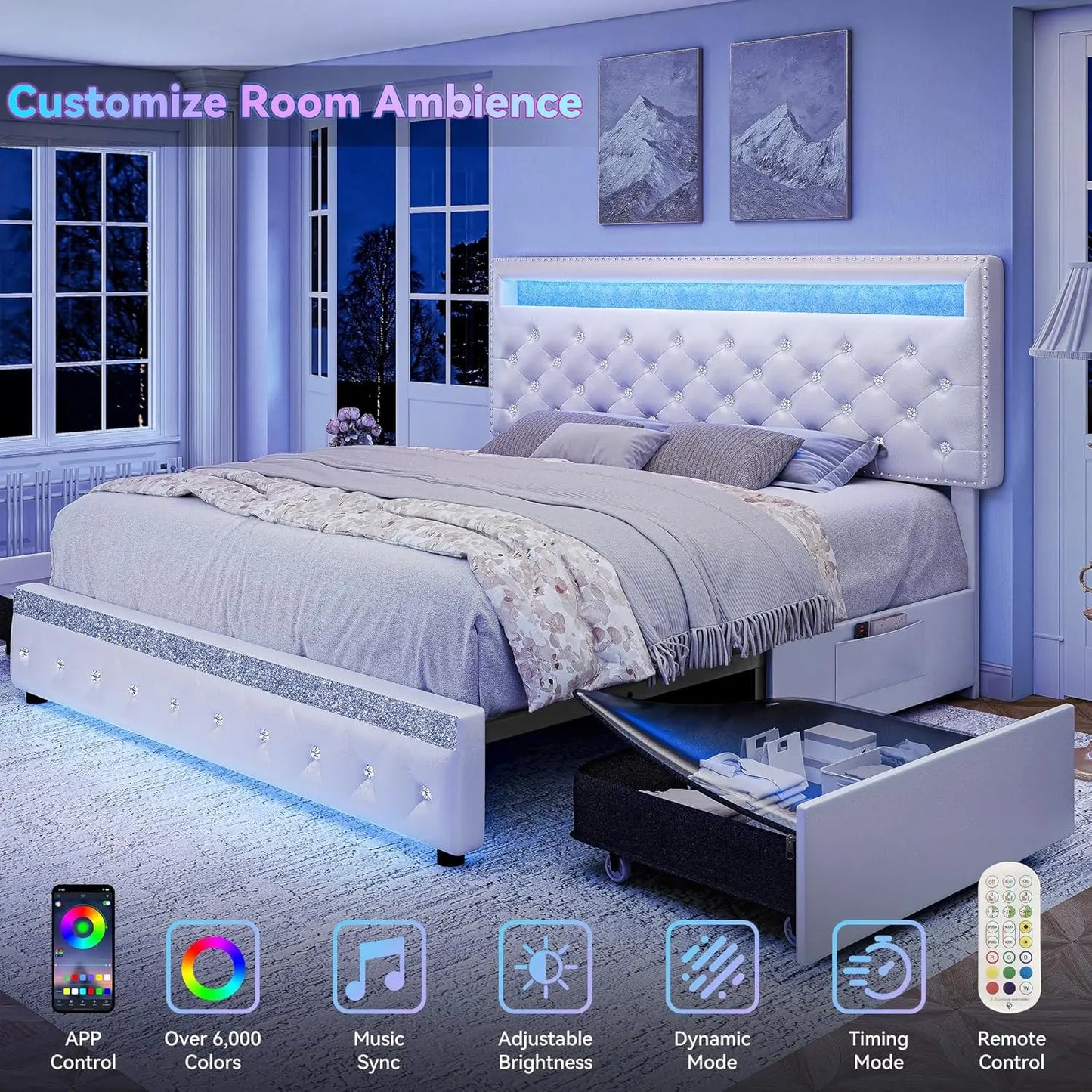 Queen LED Bed Frame With 2 Drawers, PU Upholstered Platform Beds With Adjustable Storage Headboard, Crystal Button