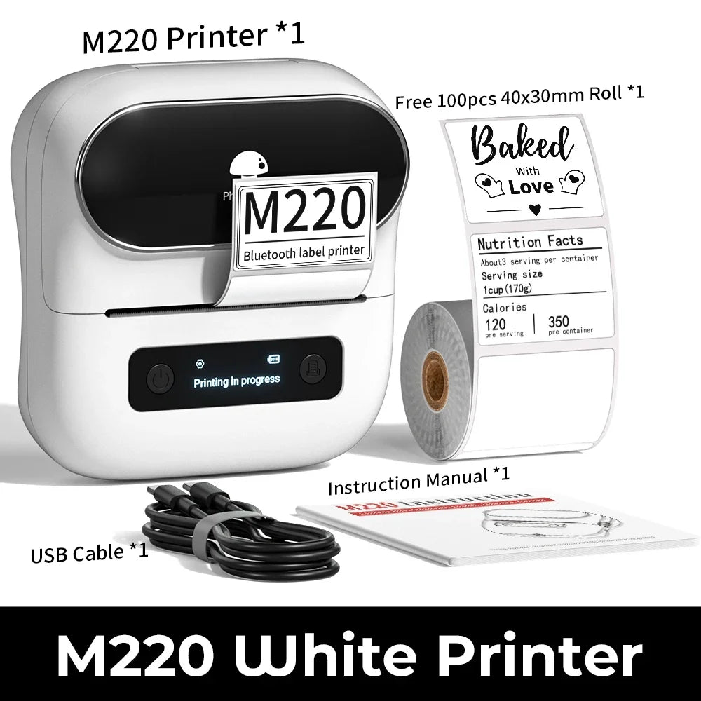 Phomemo M220 Label Printer Portable Handheld Thermal Maker Bluetooth Barcode QR Code Sticker Paper Rolls Labeller White 75mm Tag