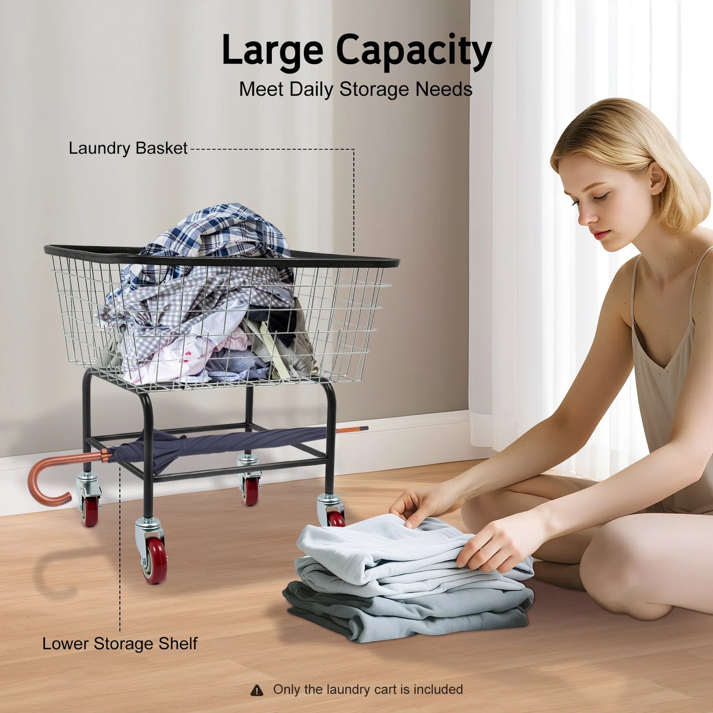 Large Capacity 110 Lbs Steel Wire Laundry Cart, 20*8*15.7in Laundry Basket with Wheels, Commercial Laundry Basket Cart
