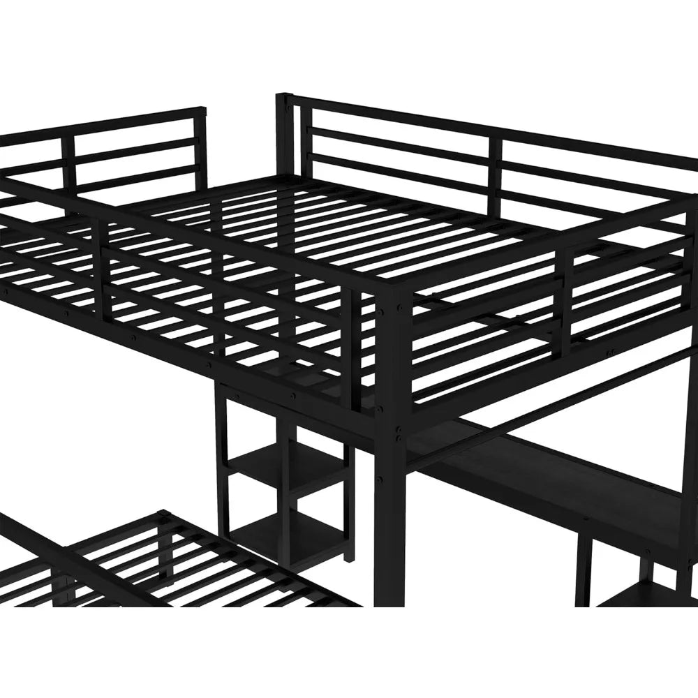 Futon bunk Bed Twin XL Over Queen, Queen loft Bed with futon and Desk and Shelves, LED, USB, Black