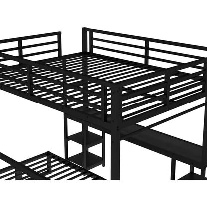 Futon bunk Bed Twin XL Over Queen, Queen loft Bed with futon and Desk and Shelves, LED, USB, Black