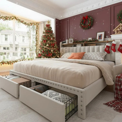 Queen Size Bed Frame, Upholstered Queen Bed Frame with 2 Storage Drawers and 2-Tier Headboard, Vertical Tufted Headboard