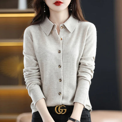 2024 Women's POLO Collar Knitted Cardigan Basic Versatile Top Spun Wool Jacket Elegant Single Breasted Sweater DMR430