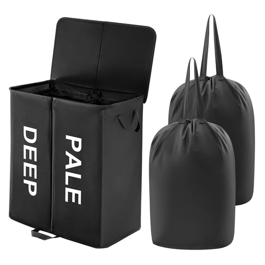 136L Double Laundry Hamper with Removable Bags, Collapsible 2-Section Basket with Lid & Handles for Home, Dorm, Laundry Room