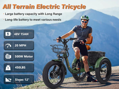 48V500WElectric Tricycle for Adults Brushless Motor Folding Trike Ebike Folding E-Tricycle with Large Basket and Lithium Battery